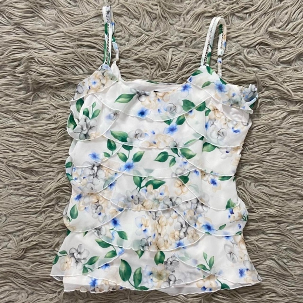 White House Black Market Cream Ruched Ruffled Camisole